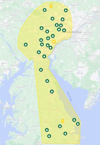 Strobert Tree Service Area Map - Map Show locations where Strobert's Tree Services are offered: all of Dealaware and across Southeastern PA